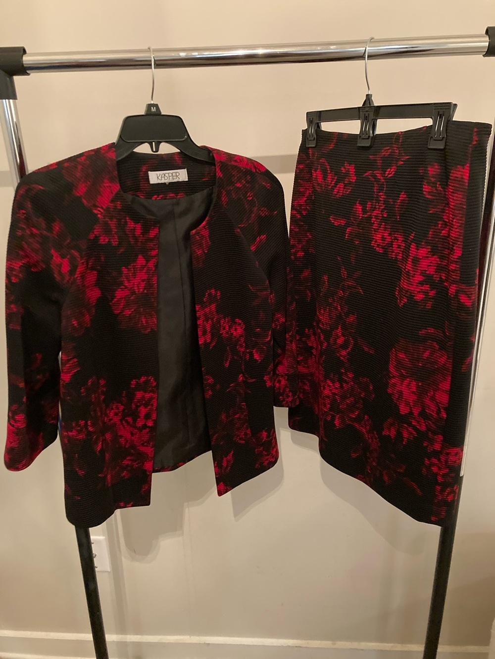 Kasper Black Floral Pencil Skirt Suit with Red Bloom